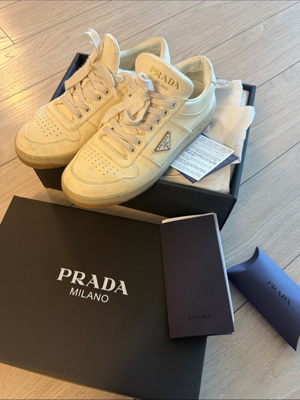 Prada White Leather Low-Top Sneakers w/ Box & Receipt – Triangle Logo